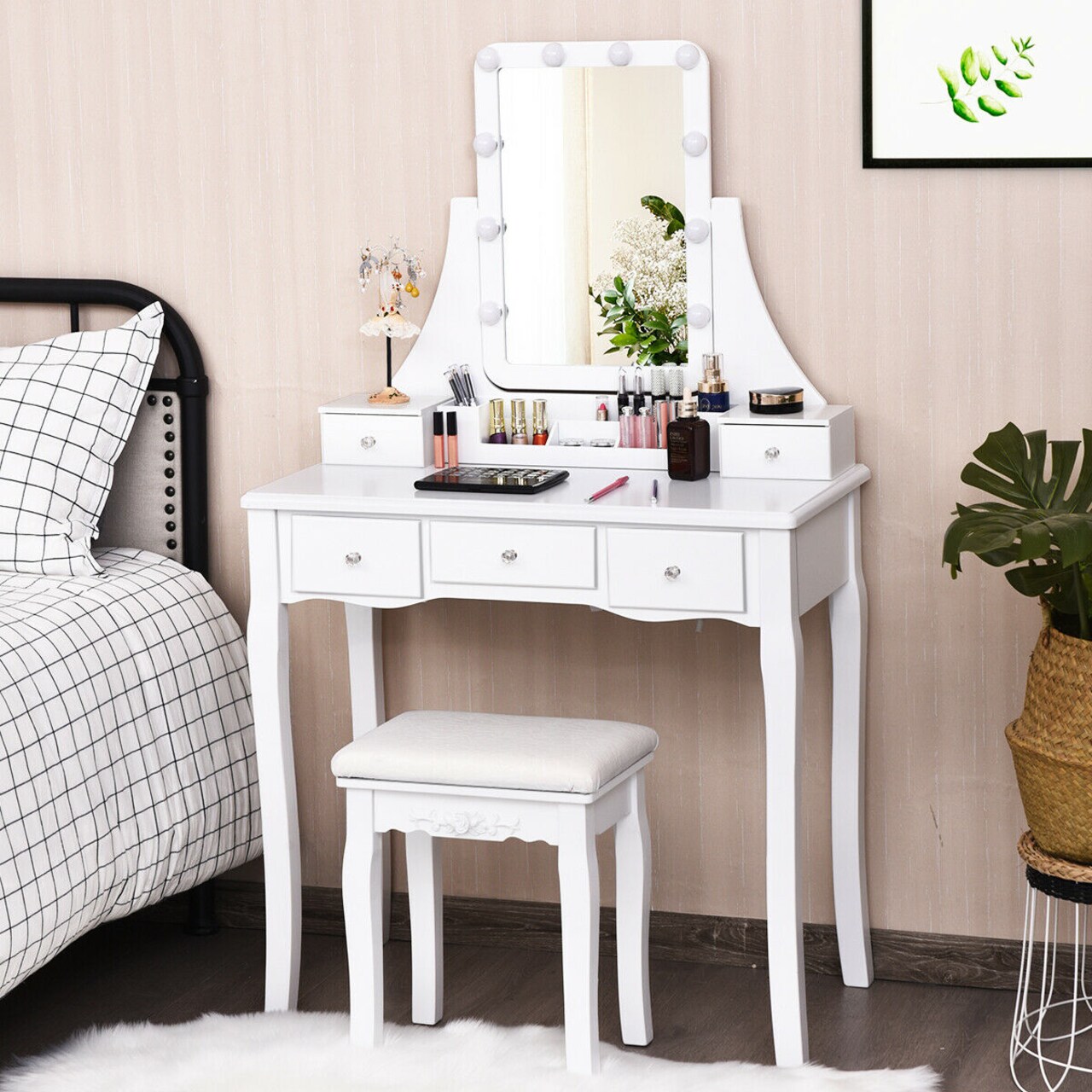 Vanity Dressing Table Set W/Removable Box And10 Dimmable Bulbs Touch Switch White/Brown/Black